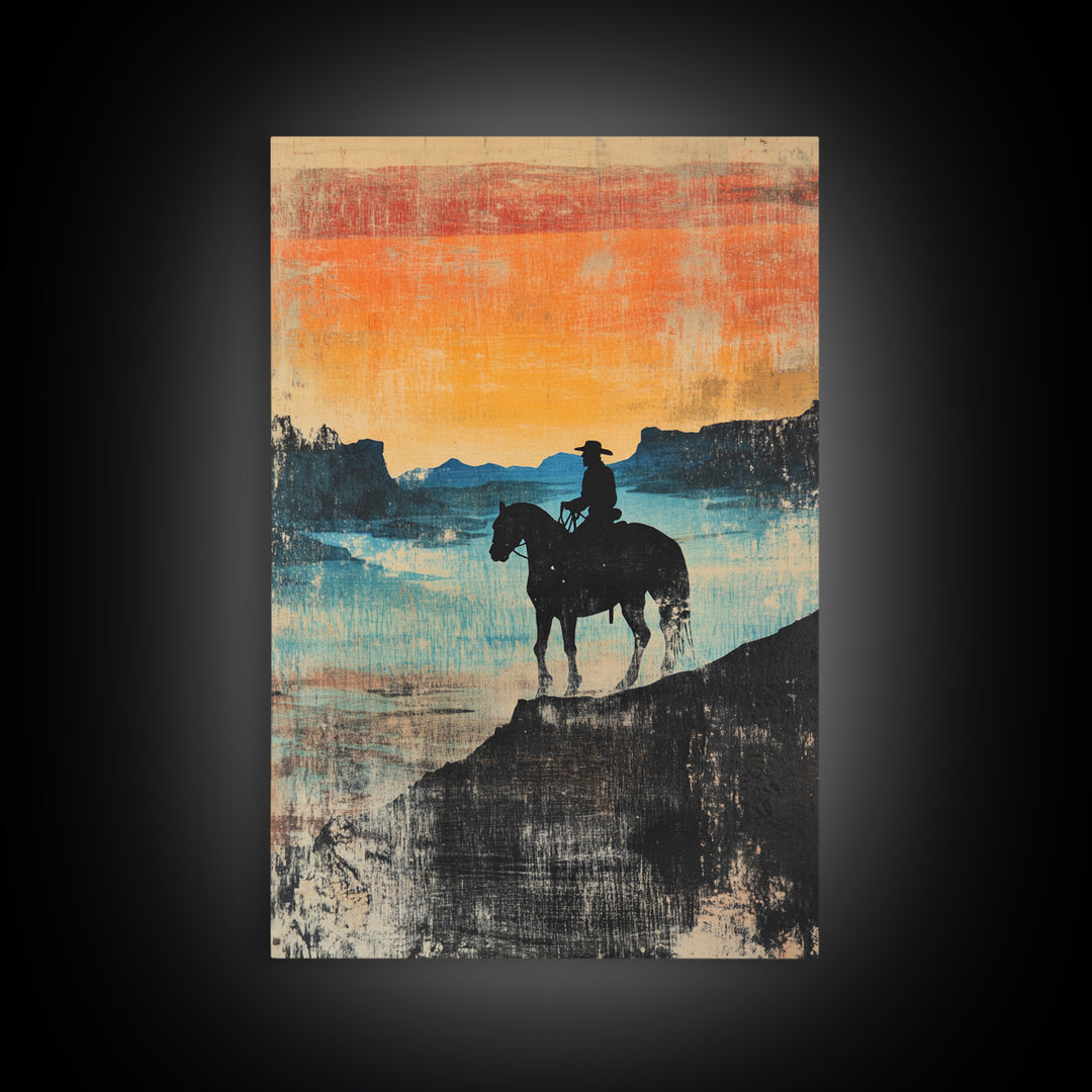 Cowboy Canyon Sunset Wall Art, Western Horse Canvas Print, Rustic Landscape Decor, Southwestern Art, Gift For Him, Living Room Decor
