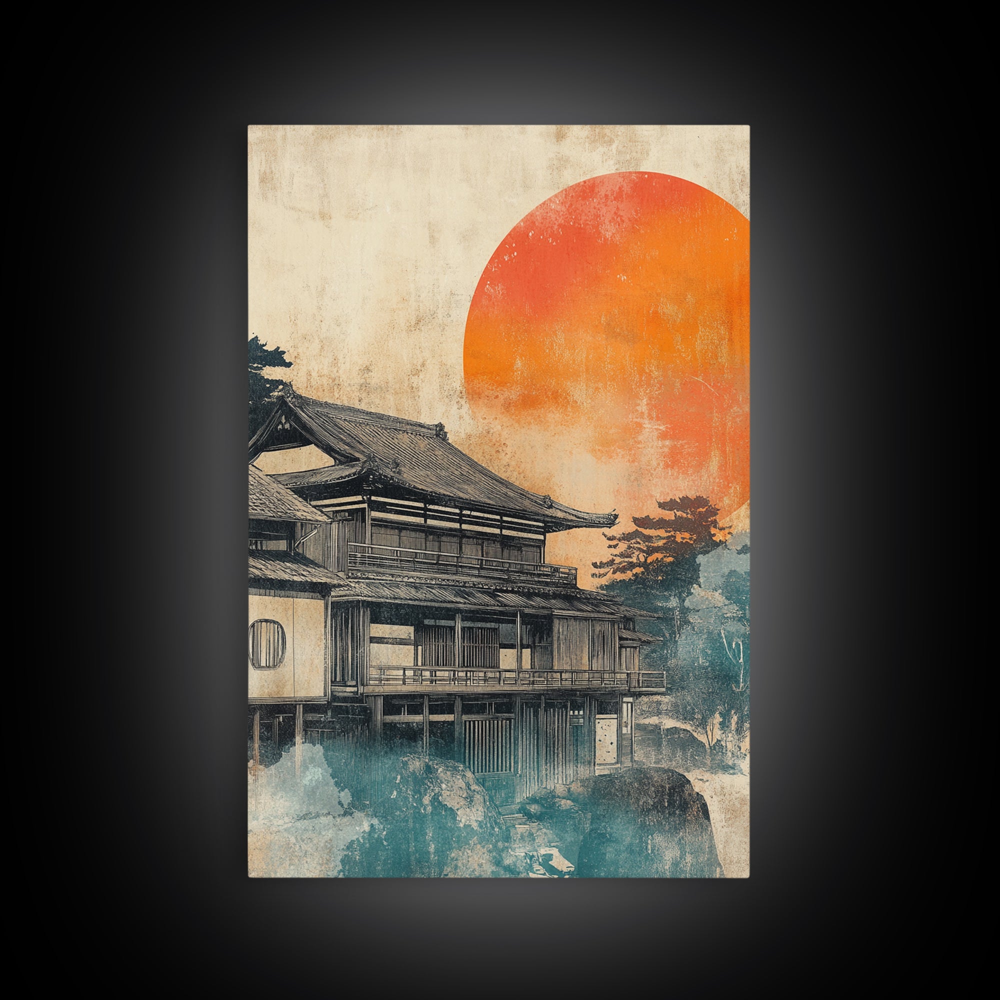 Japanese Tea House Framed Canvas Print, Orange Sun Wall Art, Ukiyo E Landscape Decor, Japandi Art, Modern Living Room Decor