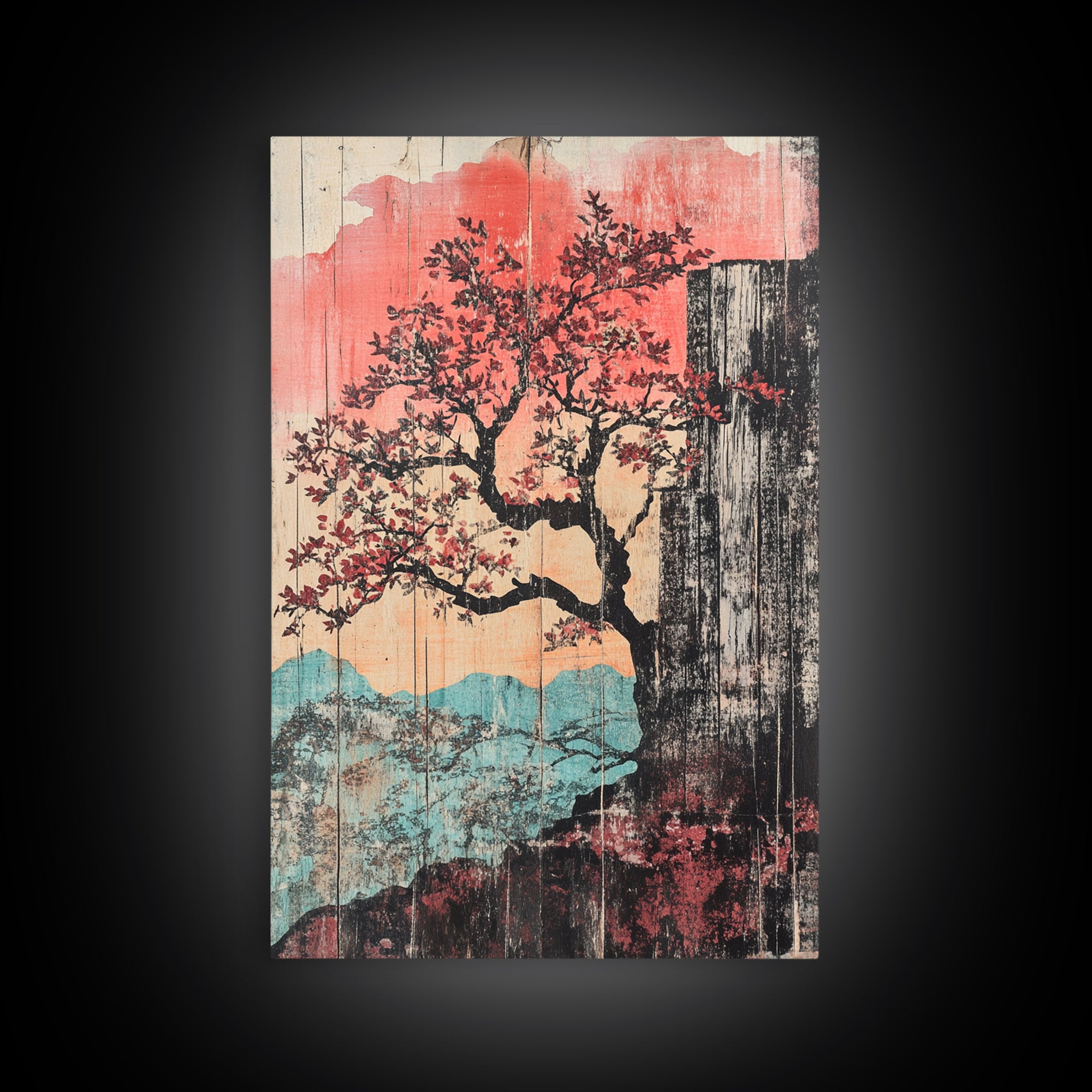 Cherry Blossom Waterfall Wall Art, Japanese Landscape Canvas Print, Pink Mountain Decor, Japandi Wall Decor, Large Art Print