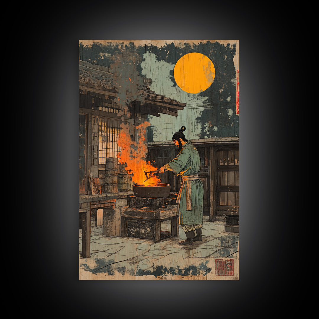 Japanese Blacksmith Night Wall Art, Moonlit Forge Canvas Print, Samurai Inspired Decor, Dramatic Ukiyo E Style Art Print