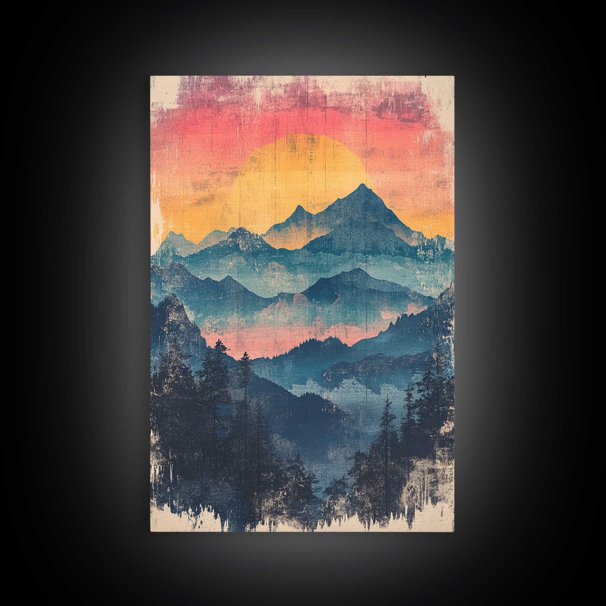Misty Blue Mountain Sunset Wall Art, Layered Forest Landscape Print, Rustic Cabin Decor, Large Nature Living Room Art Gift
