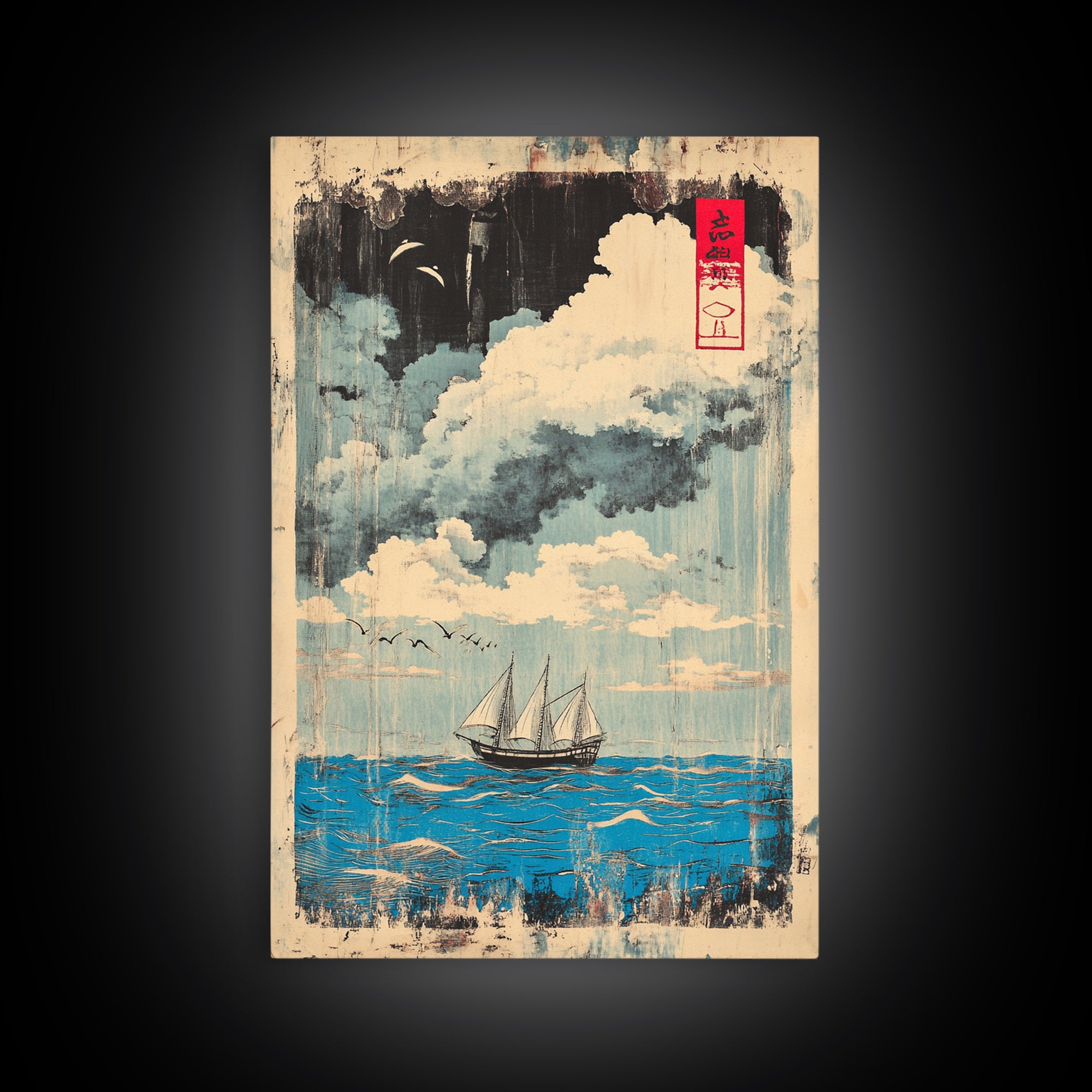 Sailboat Under Moonlit Clouds Canvas Print, Japanese Nautical Wall Art, Ocean Seascape Decor, Coastal Gift For Him And Her