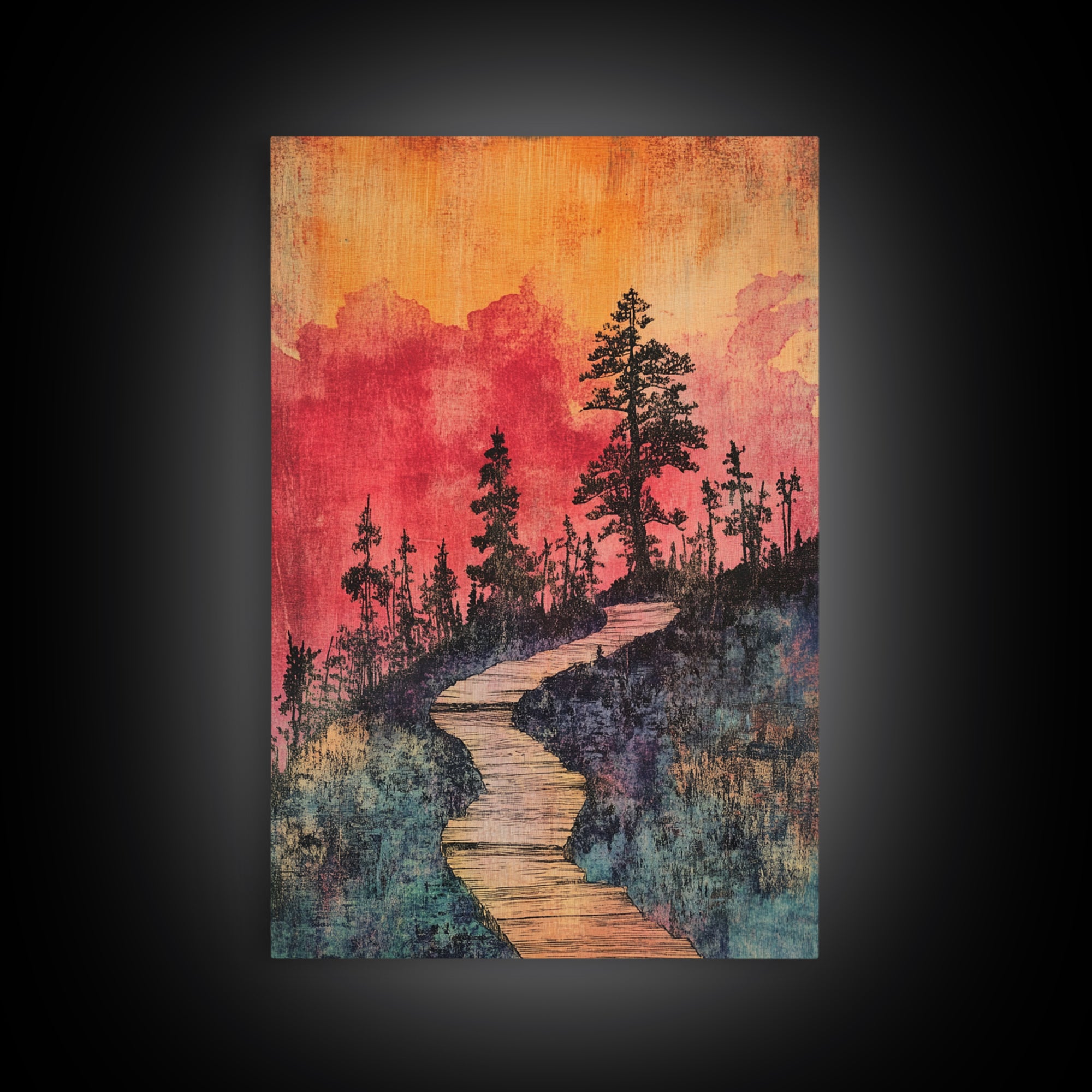 Winding Forest Path At Sunset Wall Art, Pink Orange Landscape Print, Rustic Cabin Decor, Cozy Nature Art For Bedroom Gift