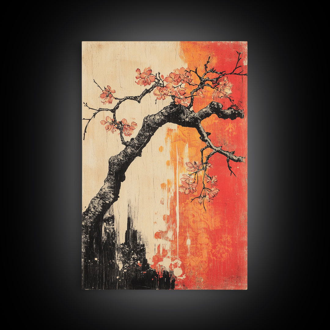 Cherry Blossom Branch Canvas Print, Japanese Floral Wall Art, Red Orange Botanical Decor, Japandi Living Room Art Gift Print