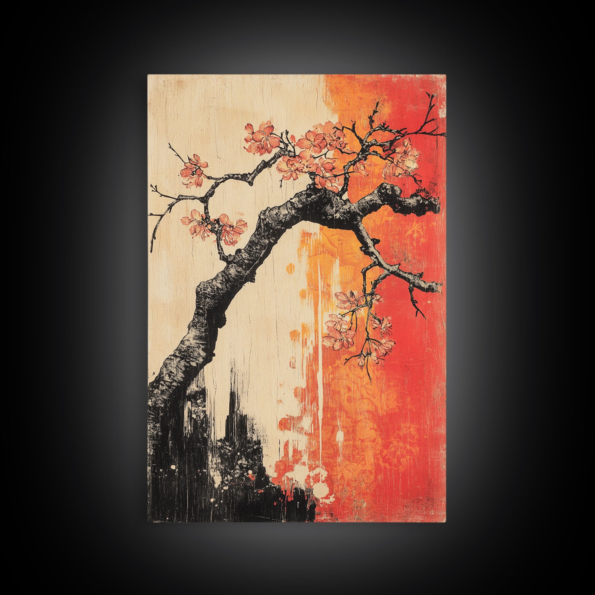 Cherry Blossom Branch Canvas Print, Japanese Floral Wall Art, Red Orange Botanical Decor, Japandi Living Room Art Gift Print