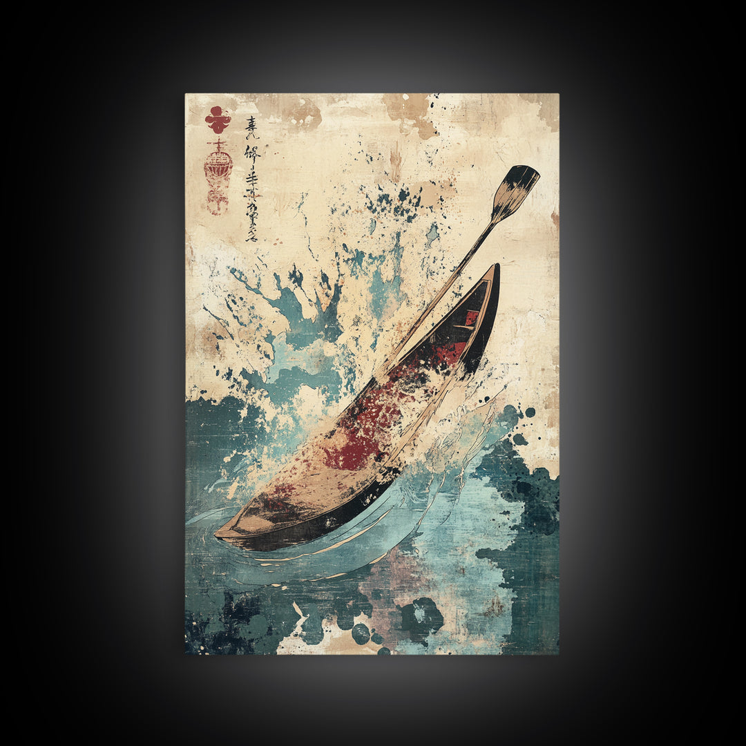 Canoe And Paddle Splash Canvas Print, Japanese Nautical Wall Art, Blue Ocean Decor, Adventure Travel Poster Gift For Coastal Home