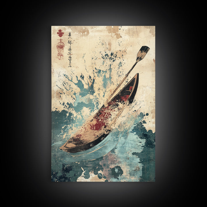 Canoe And Paddle Splash Canvas Print, Japanese Nautical Wall Art, Blue Ocean Decor, Adventure Travel Poster Gift For Coastal Home
