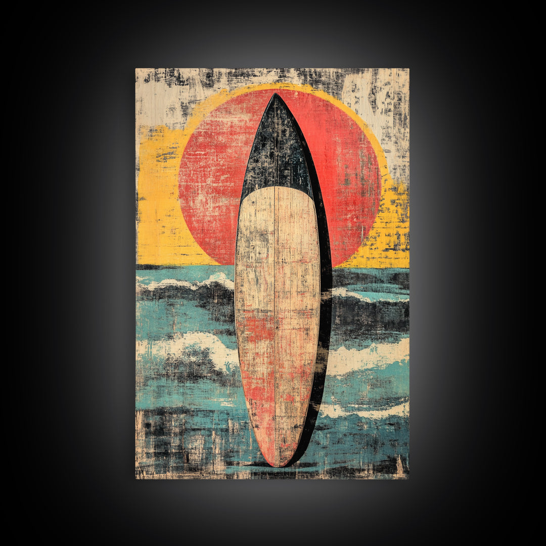 Retro Surfboard At Sunset Wall Art, Coastal Ocean Waves Print, Beach House Decor, Large Vertical Canvas For Surf Lovers Gift