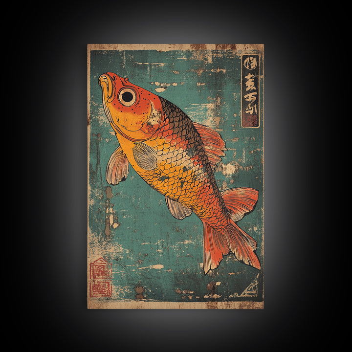Orange Koi Fish Canvas Print, Japanese Animal Wall Art, Teal Blue Aquarium Decor, Nautical Coastal Gift For Fish Lover Home