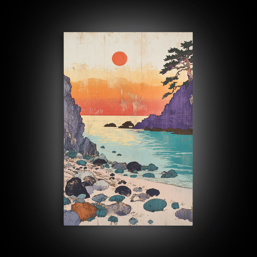Purple Cliffs Sunset Cove Japanese Seascape Wall Art Coastal Print, Beach House Decor, Large Living Room Wall Decor Poster