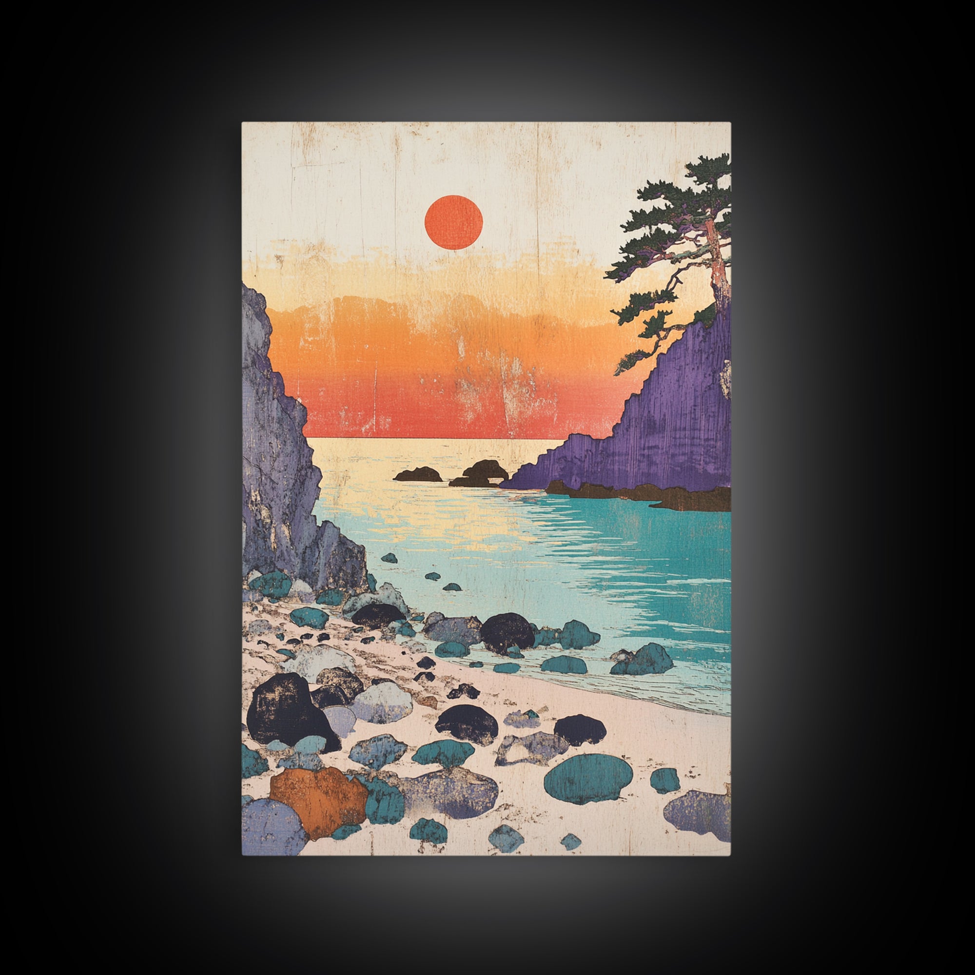 Purple Cliffs Sunset Cove Japanese Seascape Wall Art Coastal Print, Beach House Decor, Large Living Room Wall Decor Poster