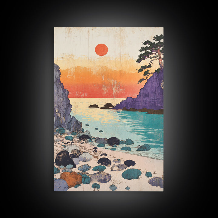 Purple Cliffs Sunset Cove Japanese Seascape Wall Art Coastal Print, Beach House Decor, Large Living Room Wall Decor Poster