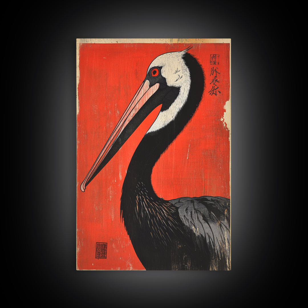 Black Necked Crane Bird On Red Japanese Canvas Print Wildlife Wall Art, Asian Decor, Bold Animal Art Poster Gift For Bird Lovers