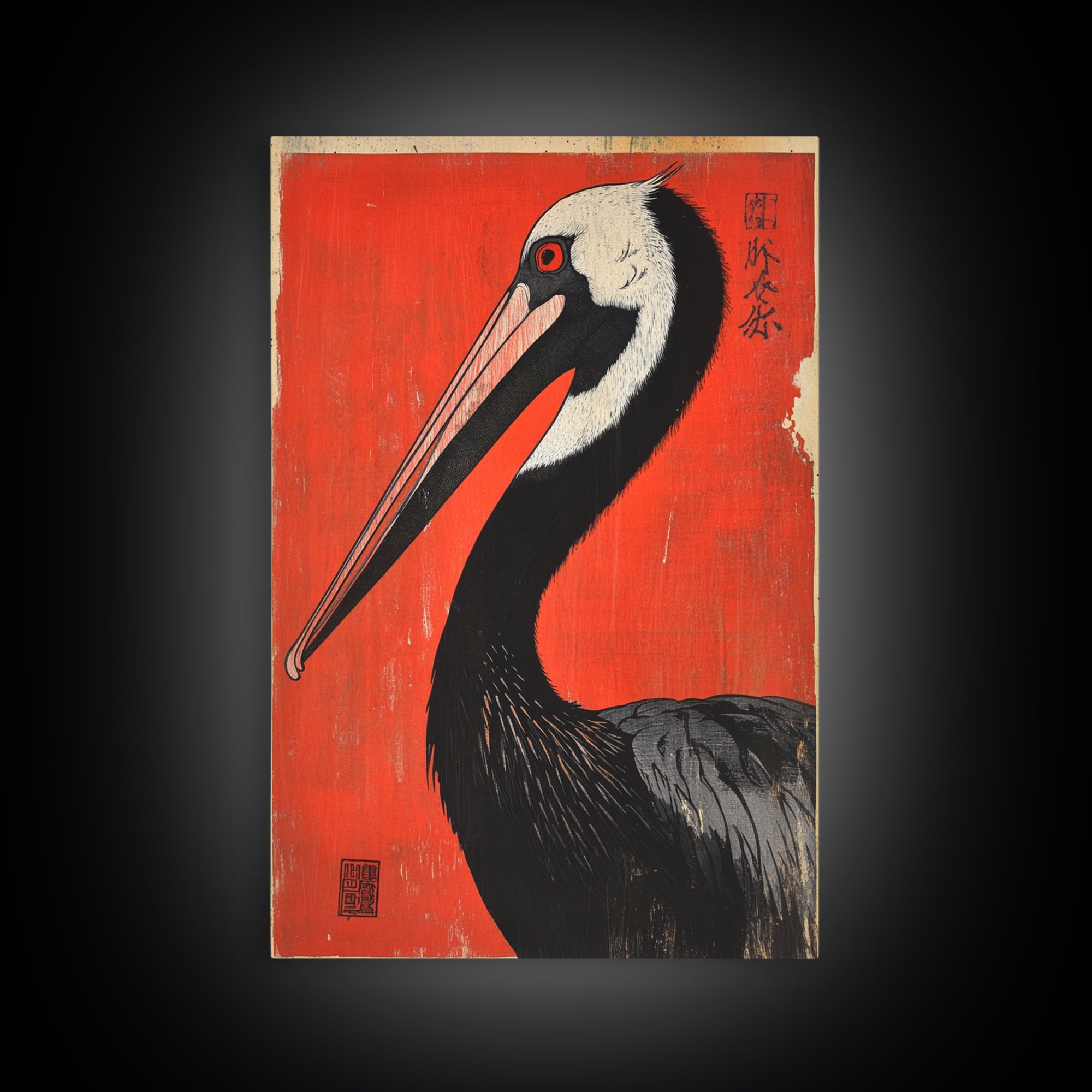 Black Necked Crane Bird On Red Japanese Canvas Print Wildlife Wall Art, Asian Decor, Bold Animal Art Poster Gift For Bird Lovers