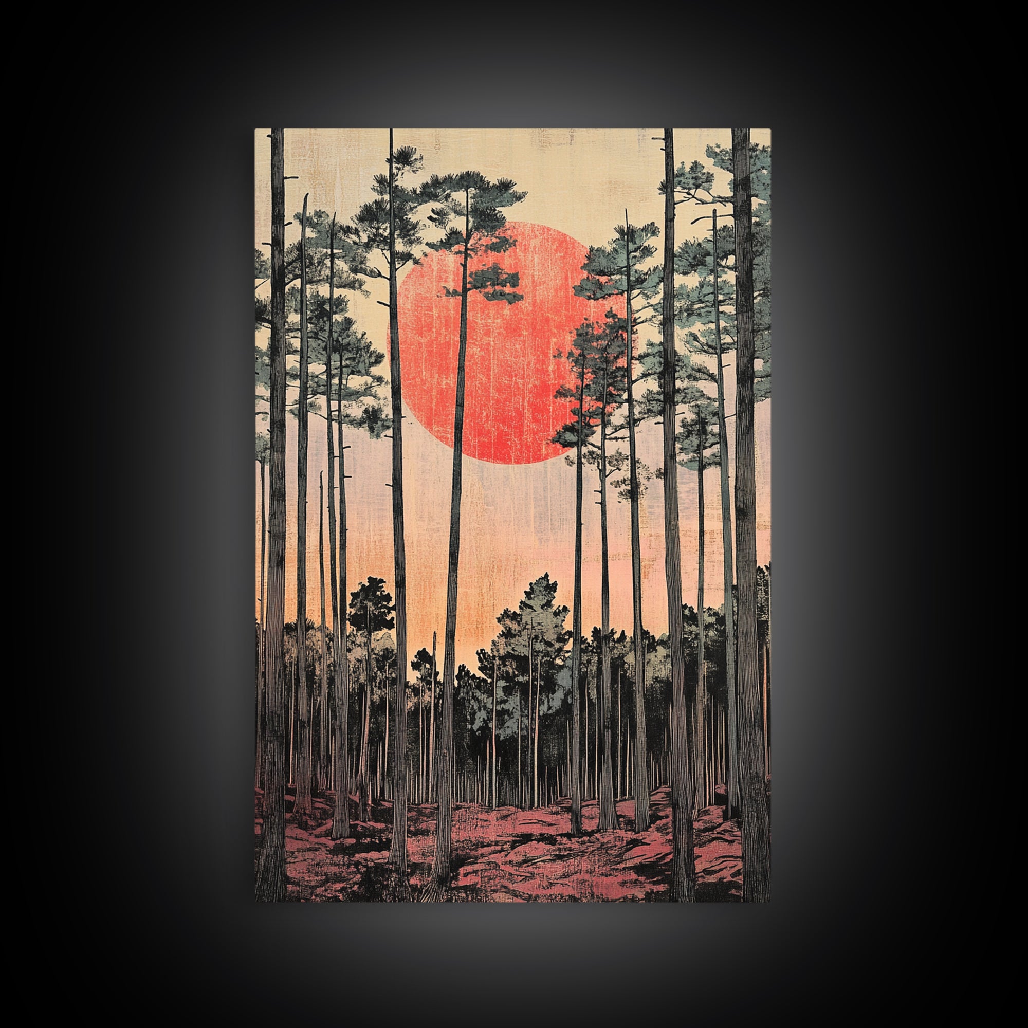 Tall Pine Forest Red Sun Japanese Landscape Wall Art, Japandi Decor, Nature Print, Large Living Room Wall Decor Poster Gift