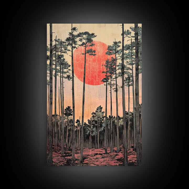 Tall Pine Forest Red Sun Japanese Landscape Wall Art, Japandi Decor, Nature Print, Large Living Room Wall Decor Poster Gift
