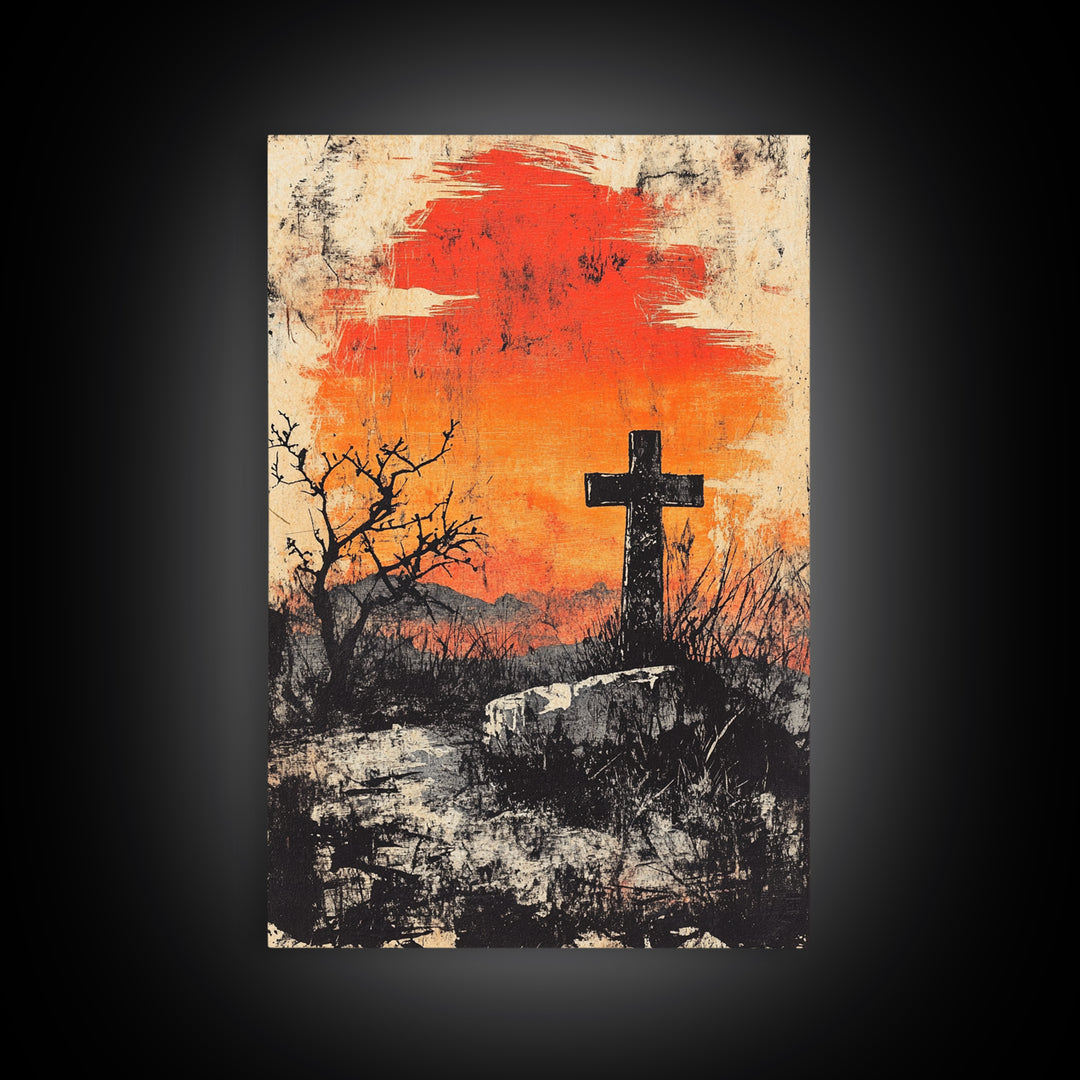 Black Cross At Fiery Sunset Framed Canvas Print, Christian Wall Art, Rustic Landscape, Faith Gift, Moody Home Decor Art