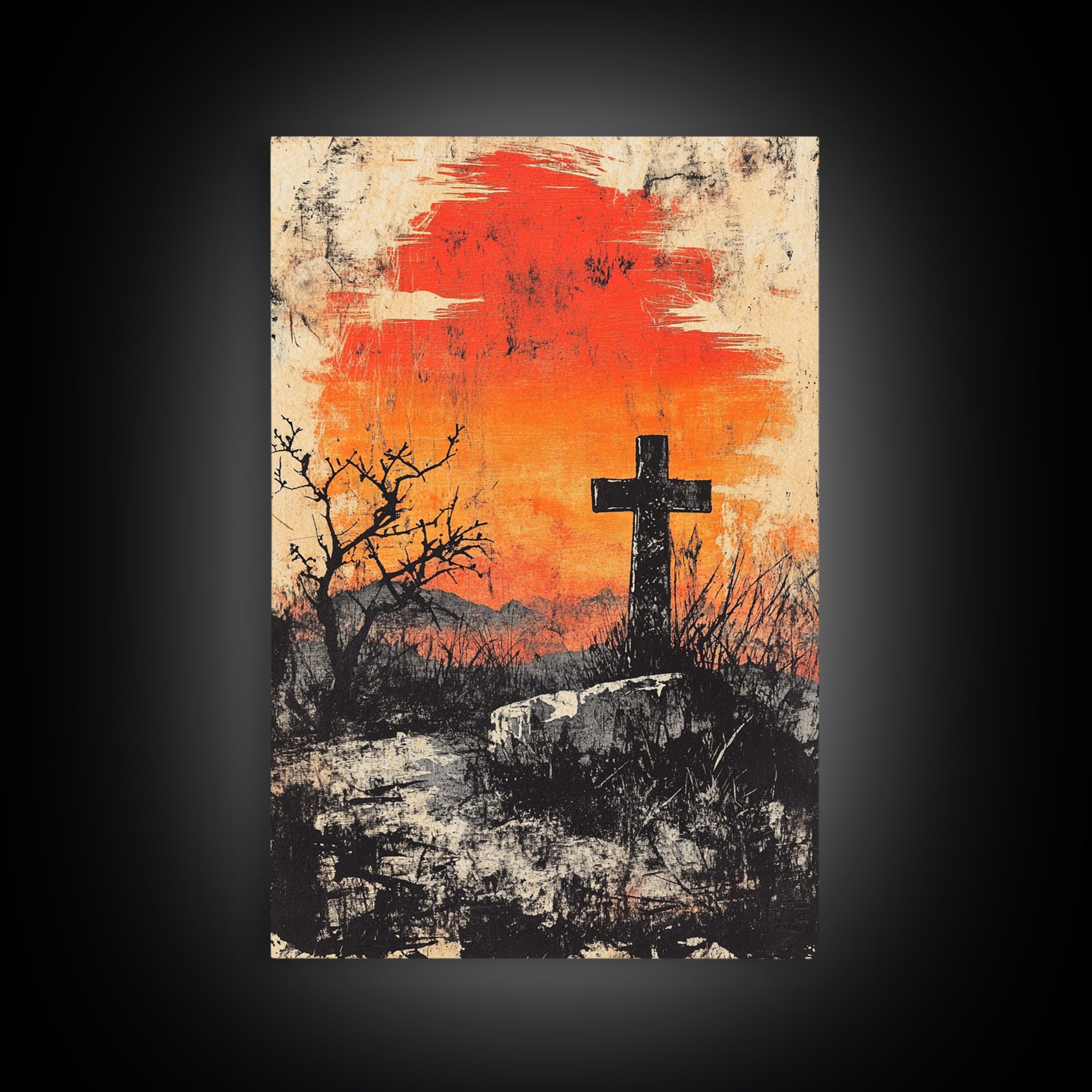 Black Cross At Fiery Sunset Framed Canvas Print, Christian Wall Art, Rustic Landscape, Faith Gift, Moody Home Decor Art