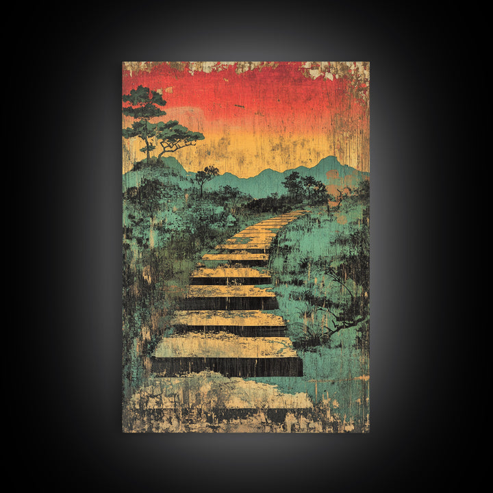 Sunset Boardwalk Through Misty Marsh Wall Art, Japanese Landscape Print, Rustic Nature Decor, Mountain Path Canvas Print
