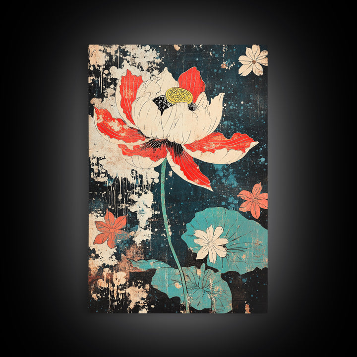 Red And White Lotus Flower Wall Art, Japanese Botanical Print, Dark Floral Decor, Teal Pond Leaves, Modern Canvas Print Gift