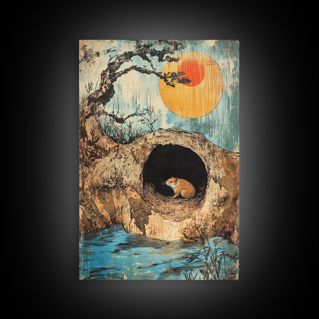 Mouse In Hollow Tree Wall Art, Japanese Nature Print, Whimsical Animal Decor, Orange Sun, Zen Landscape Canvas Print Gift