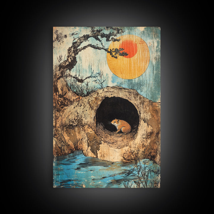 Mouse In Hollow Tree Wall Art, Japanese Nature Print, Whimsical Animal Decor, Orange Sun, Zen Landscape Canvas Print Gift