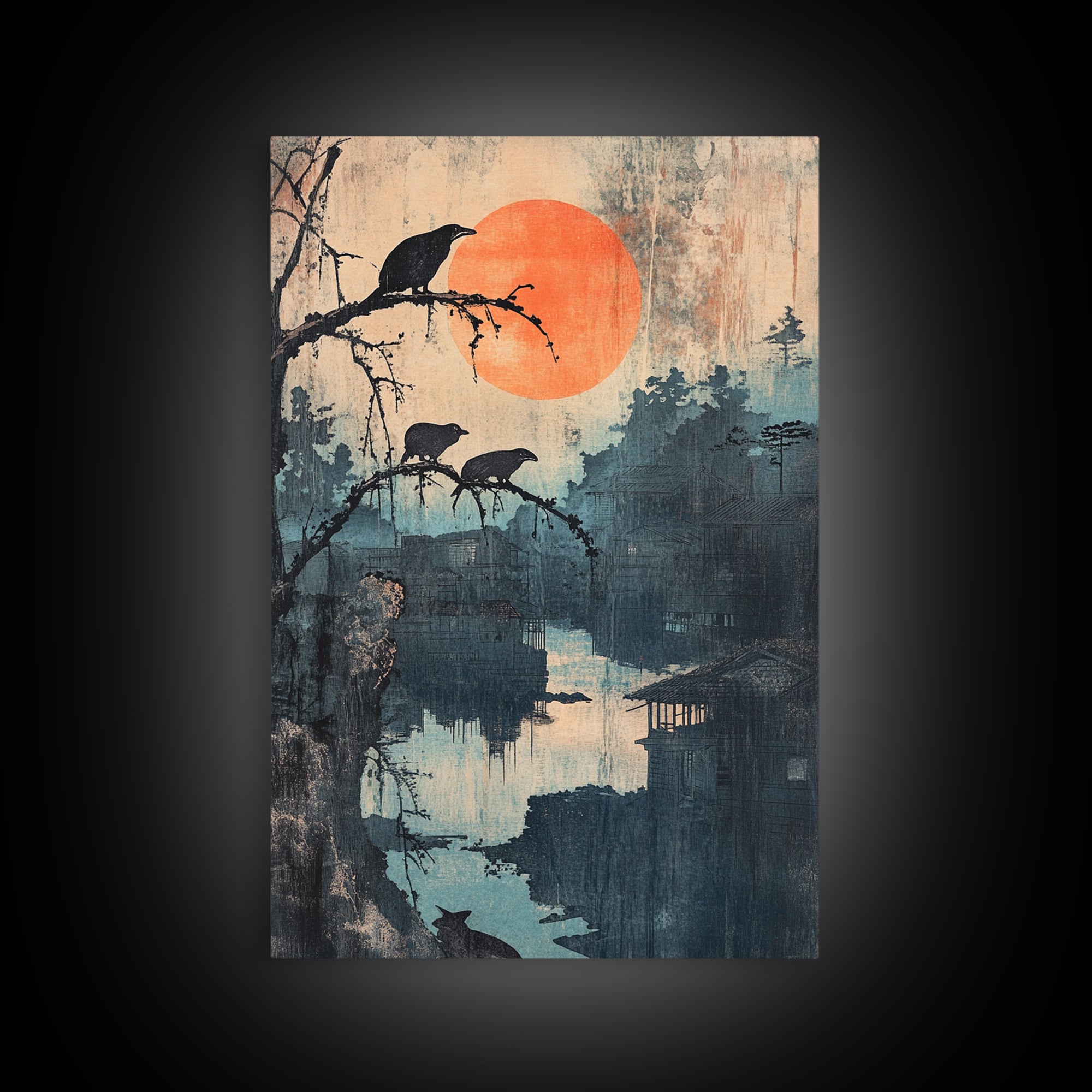 Crows Over Misty River Framed Canvas Print, Japanese Landscape Wall Art, Moody Nature Decor, Orange Sun, Bird Art Print