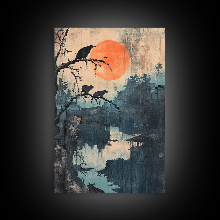 Crows Over Misty River Framed Canvas Print, Japanese Landscape Wall Art, Moody Nature Decor, Orange Sun, Bird Art Print