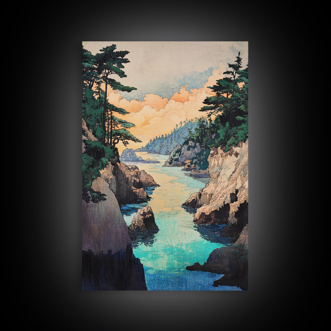 Turquoise Rocky Cove Wall Art, Japanese Coastal Landscape Print, Ocean Seascape Canvas Print, Serene Living Room Decor Gift