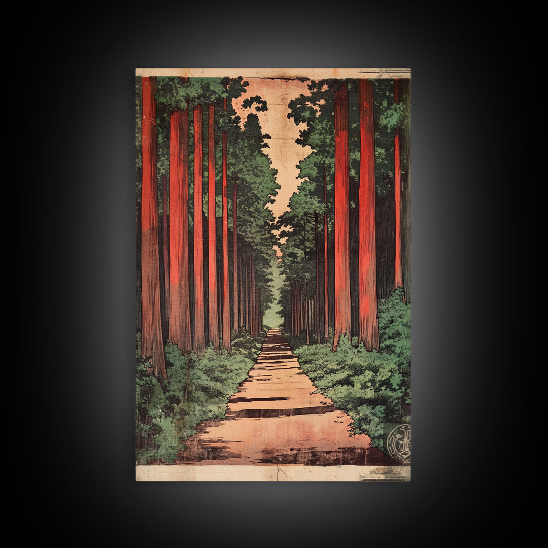 Tall Cedar Forest Path Wall Art, Japanese Woodland Landscape Print, Rustic Nature Canvas Print, Entryway Decor Housewarming Gift