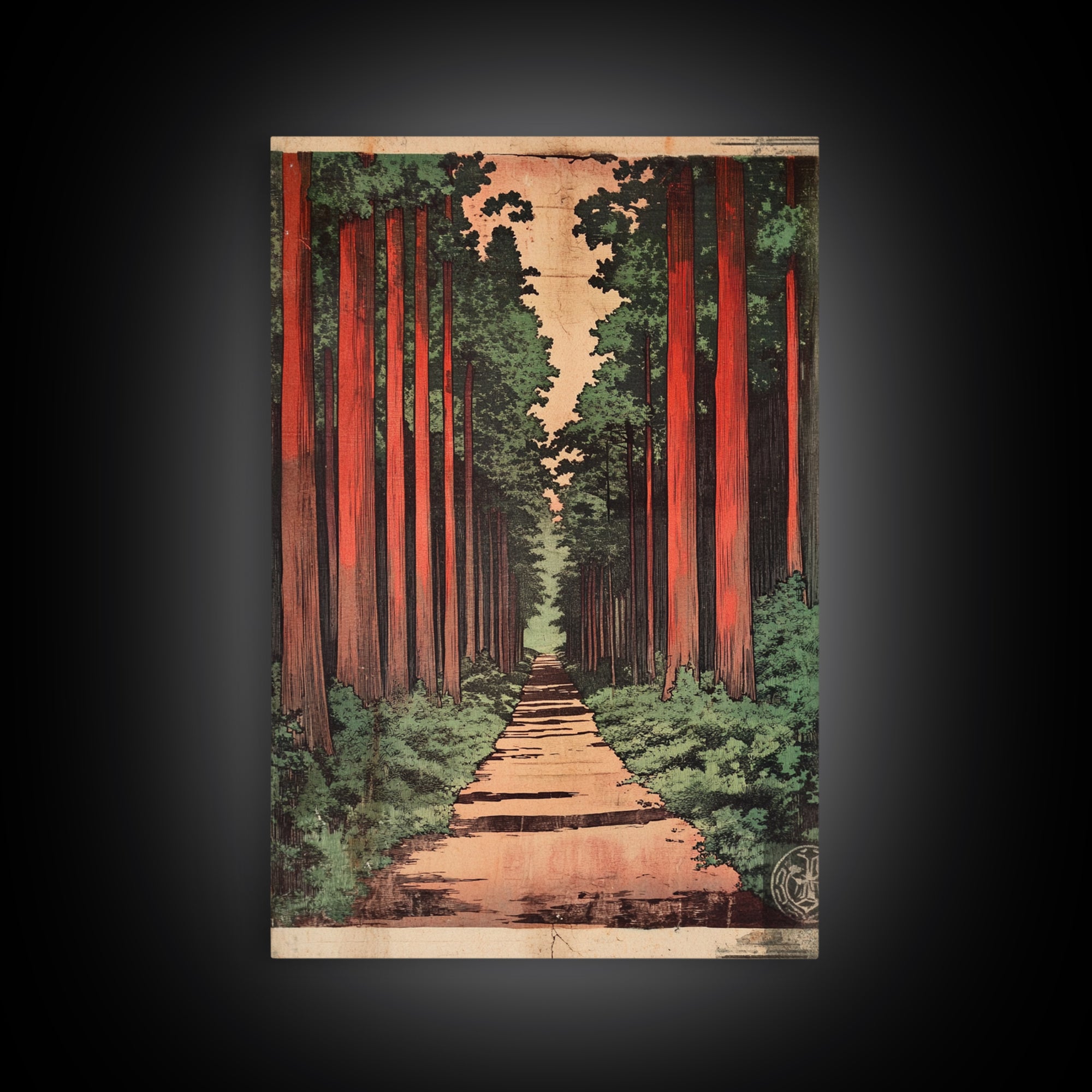 Tall Cedar Forest Path Wall Art, Japanese Woodland Landscape Print, Rustic Nature Canvas Print, Entryway Decor Housewarming Gift