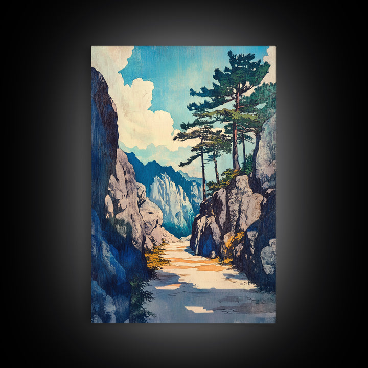 Rocky Mountain Pass Wall Art, Alpine Landscape Canvas Print, Japanese Style Nature Decor, Large Living Room Wall Art Gift