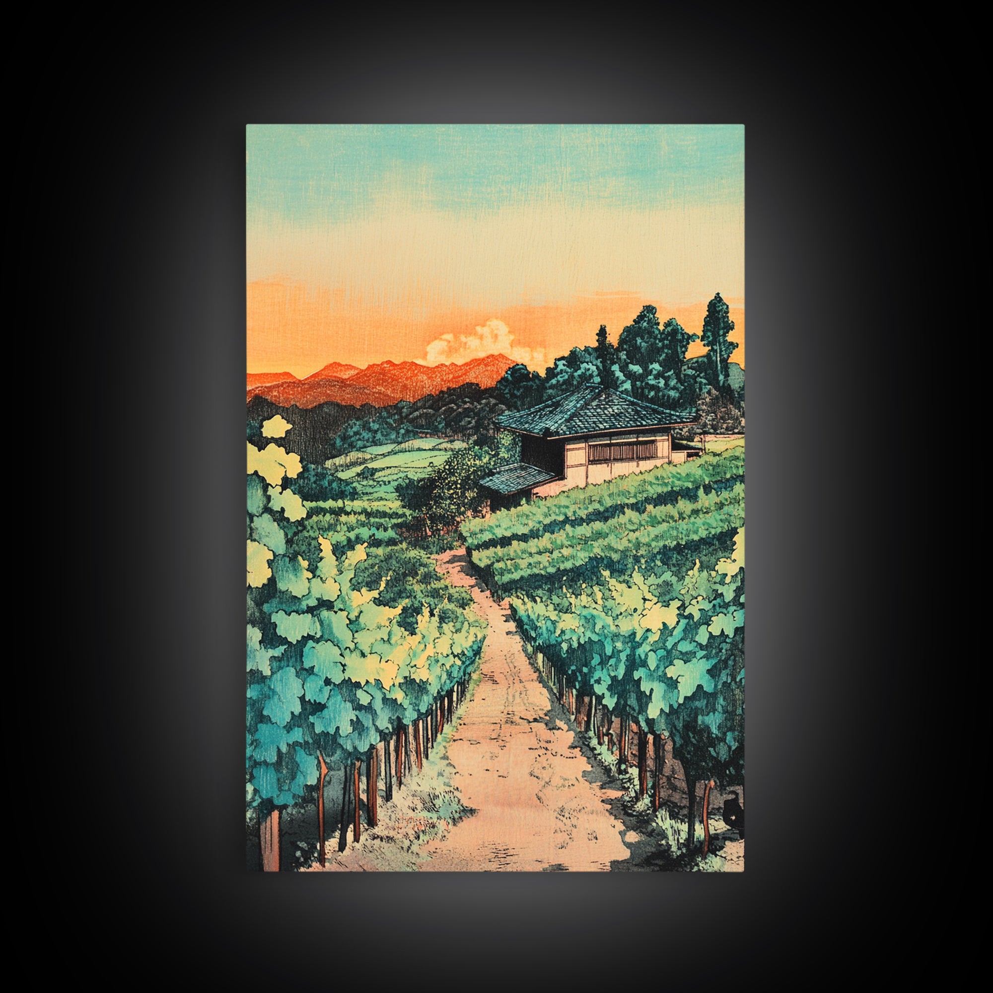 Sunlit Vineyard Path Wall Art, Wine Country Landscape Canvas Print, Rustic Kitchen Decor, Tuscan Farmhouse Housewarming Gift