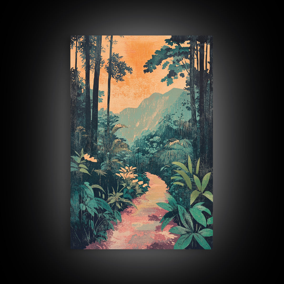 Tropical Jungle Path Wall Art, Lush Botanical Landscape Print, Boho Nature Canvas Print, Vibrant Living Room Decor Gift For Her