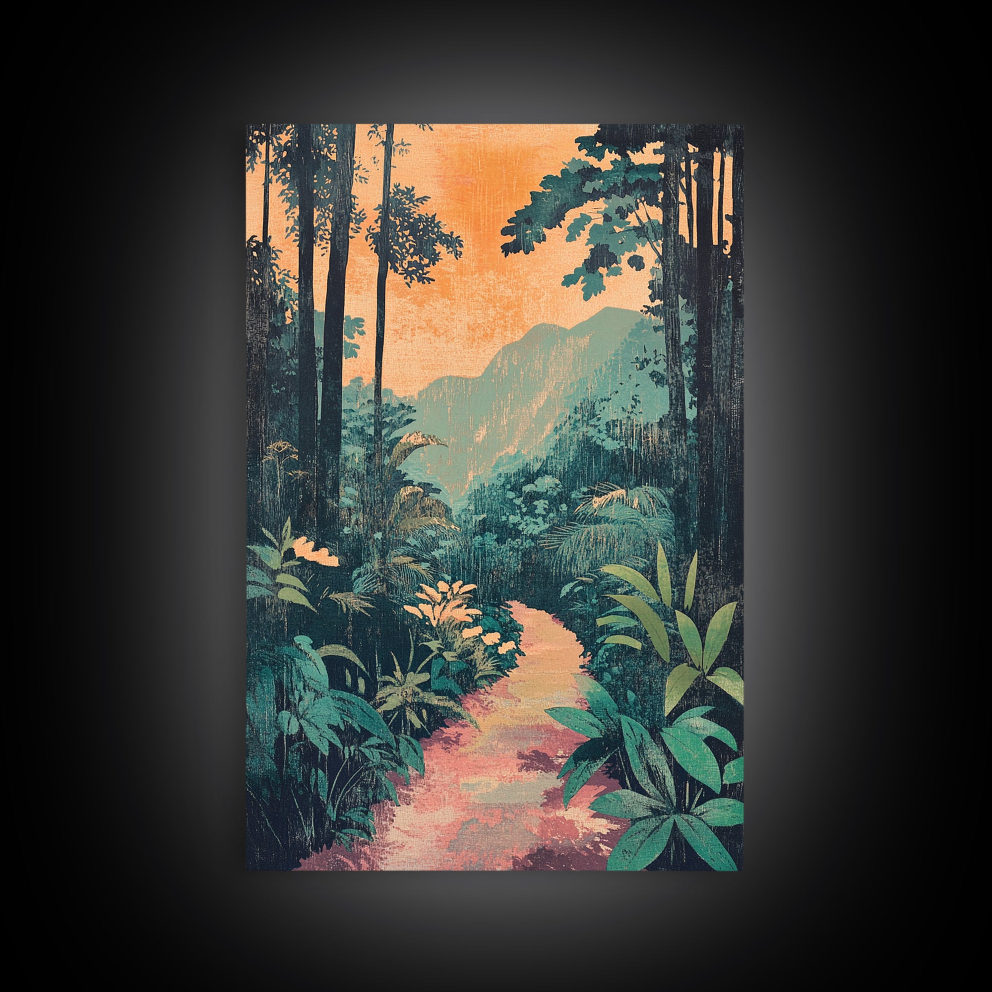 Tropical Jungle Path Wall Art, Lush Botanical Landscape Print, Boho Nature Canvas Print, Vibrant Living Room Decor Gift For Her