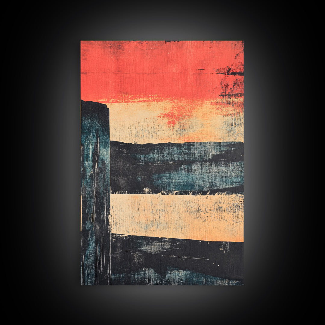 Red Sunset Abstract Seascape Wall Art, Modern Landscape Print, Moody Coastal Decor, Oversized Living Room Art, Above Sofa Decor