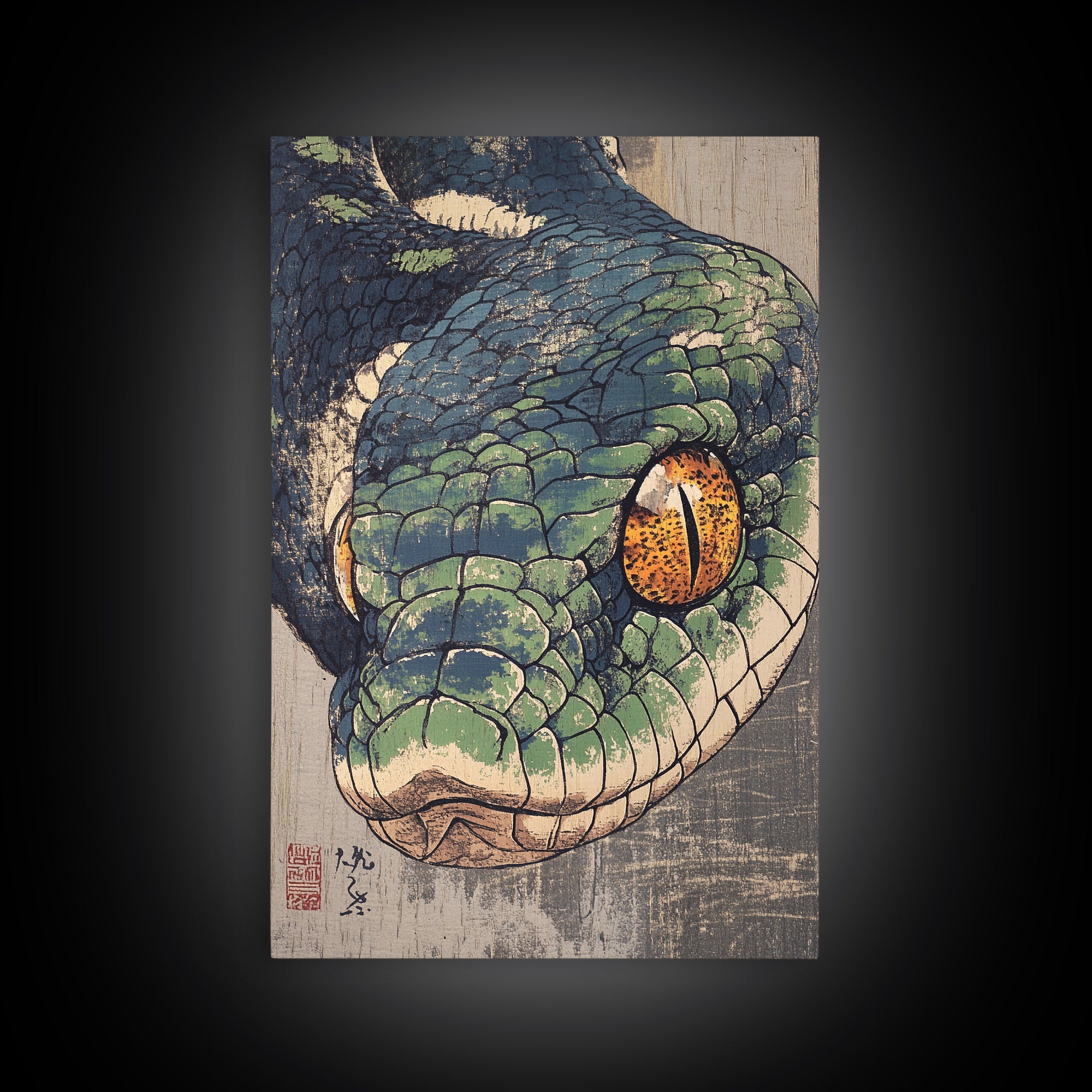 Green Snake Portrait Canvas Print, Japanese Animal Wall Art, Reptile Illustration, Bold Wildlife Decor For Home, Gift For Him