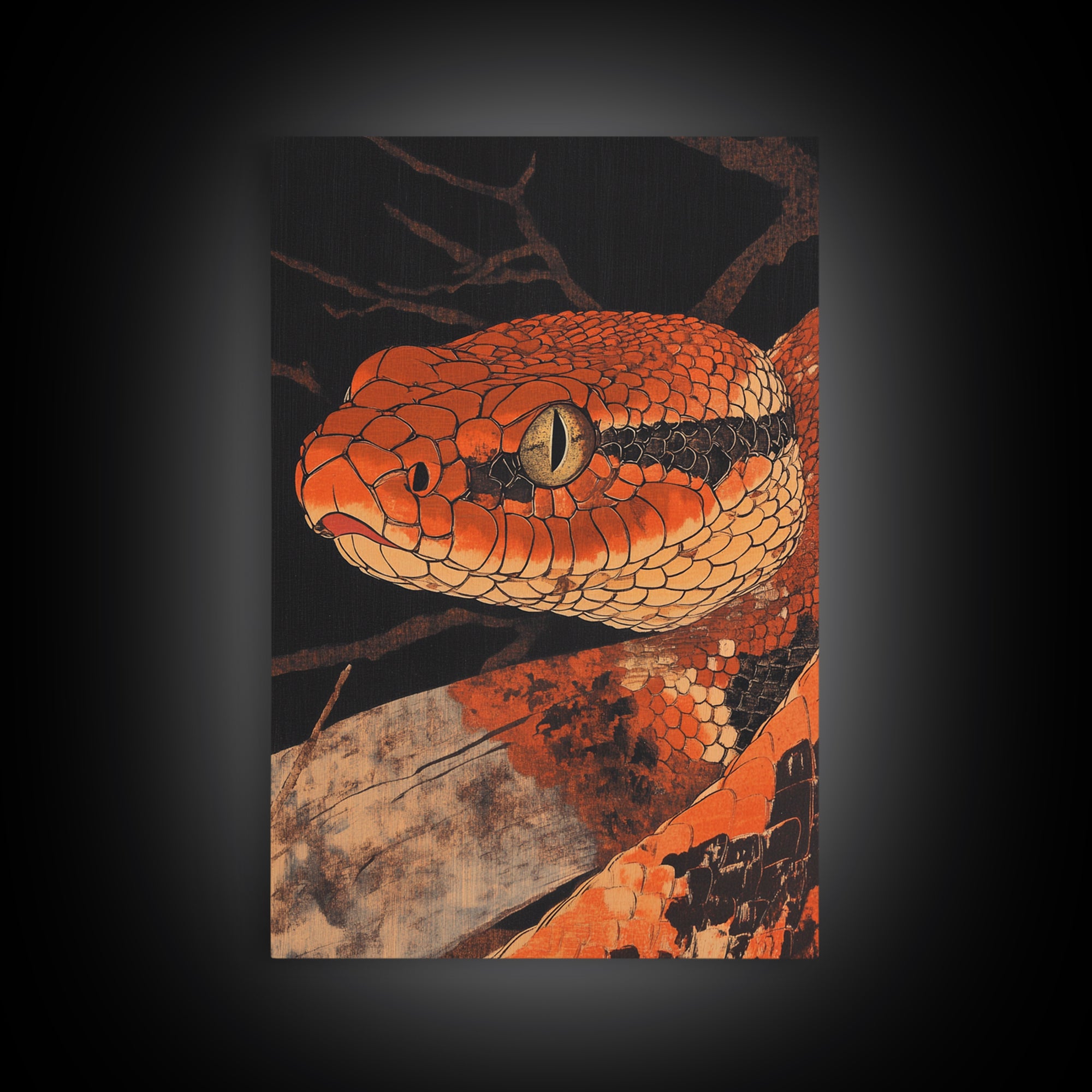 Orange Snake Portrait Framed Canvas Print, Dark Reptile Animal Wall Art, Gothic Wildlife Decor, Gift For Him, Man Cave Decor