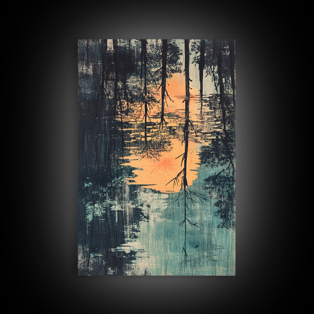 Misty Forest Lake Reflection Wall Art, Moody Landscape Print, Nature Wall Decor, Rustic Home Decor, Framed Canvas Print