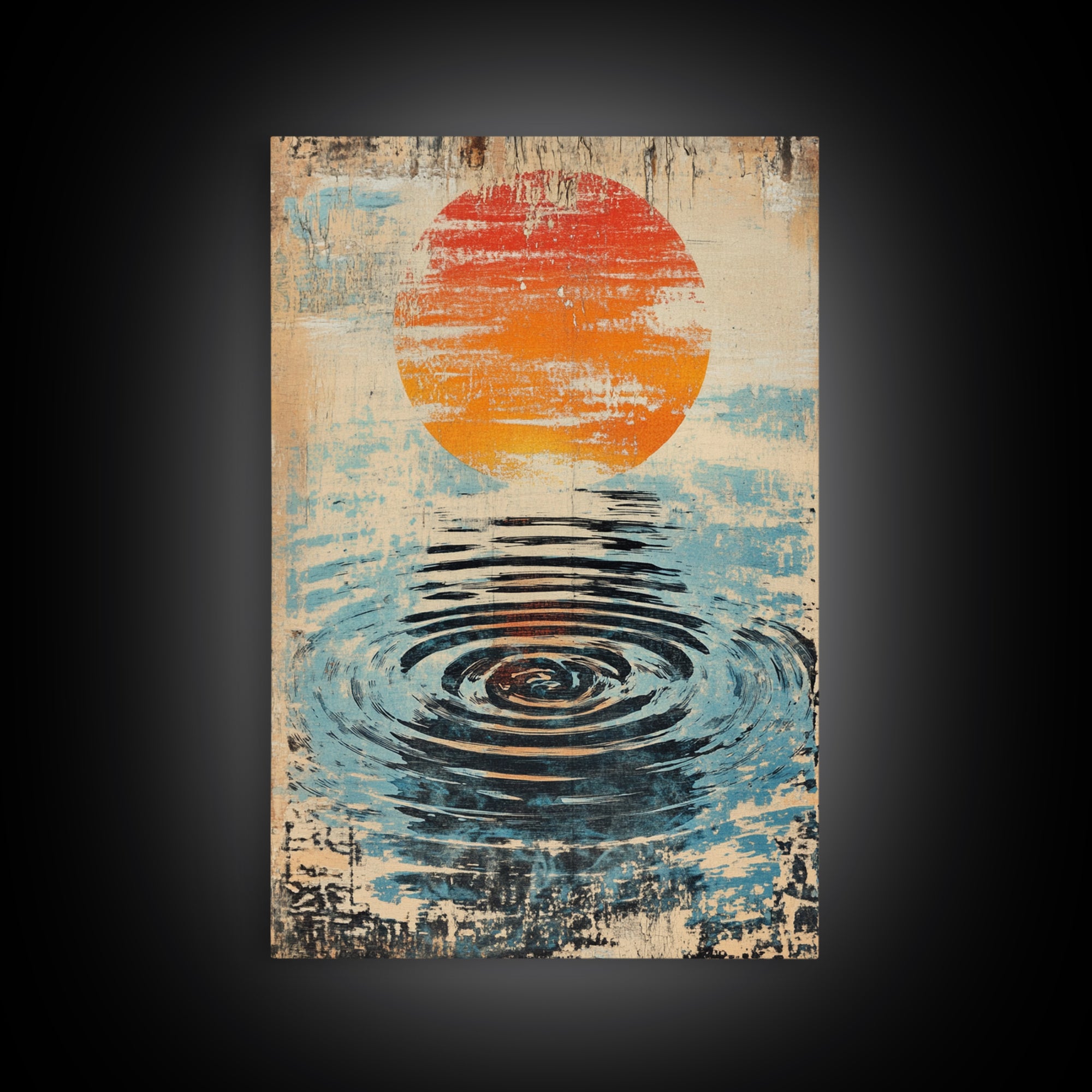 Orange Sun Water Ripple Wall Art, Minimalist Japanese Abstract Print, Zen Bathroom Decor, Calming Wall Decor, Framed Canvas Print