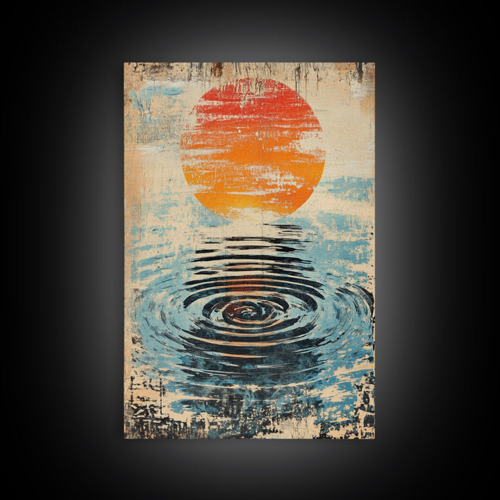 Orange Sun Water Ripple Wall Art, Minimalist Japanese Abstract Print, Zen Bathroom Decor, Calming Wall Decor, Framed Canvas Print