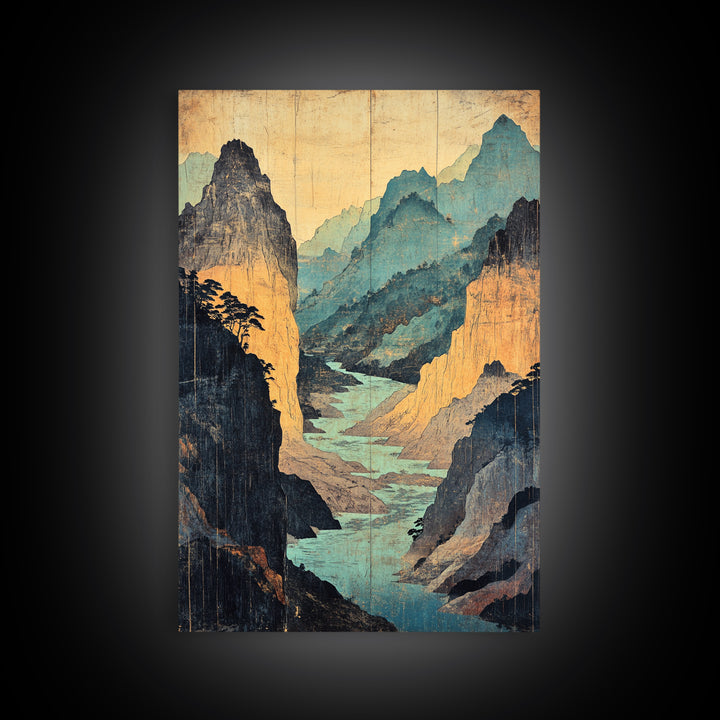 Turquoise Canyon River Mountains Wall Art, Japanese Landscape Print, Asian Inspired Travel Decor, Large Framed Canvas Print
