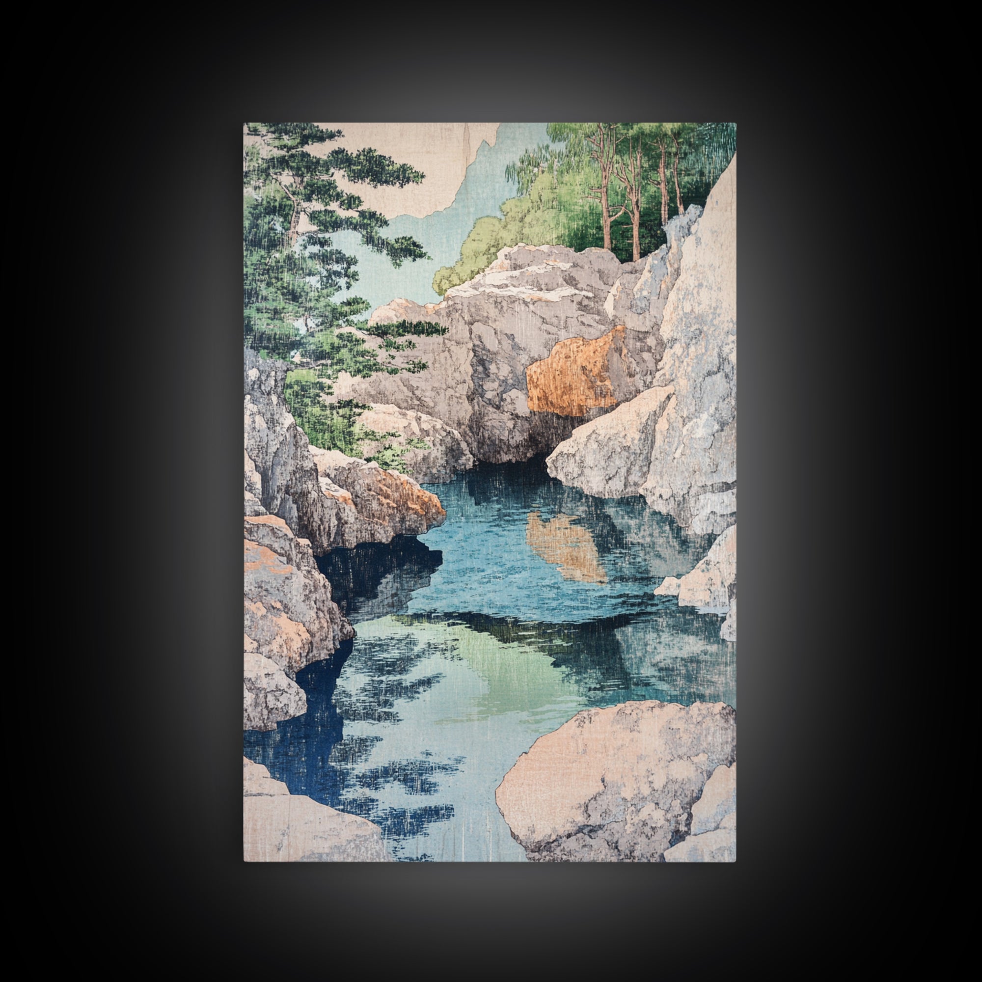Rocky Mountain Stream And Pine Forest Wall Art, Japanese Landscape Print, Nature Wall Decor, Serene Spa Decor, Home Decor