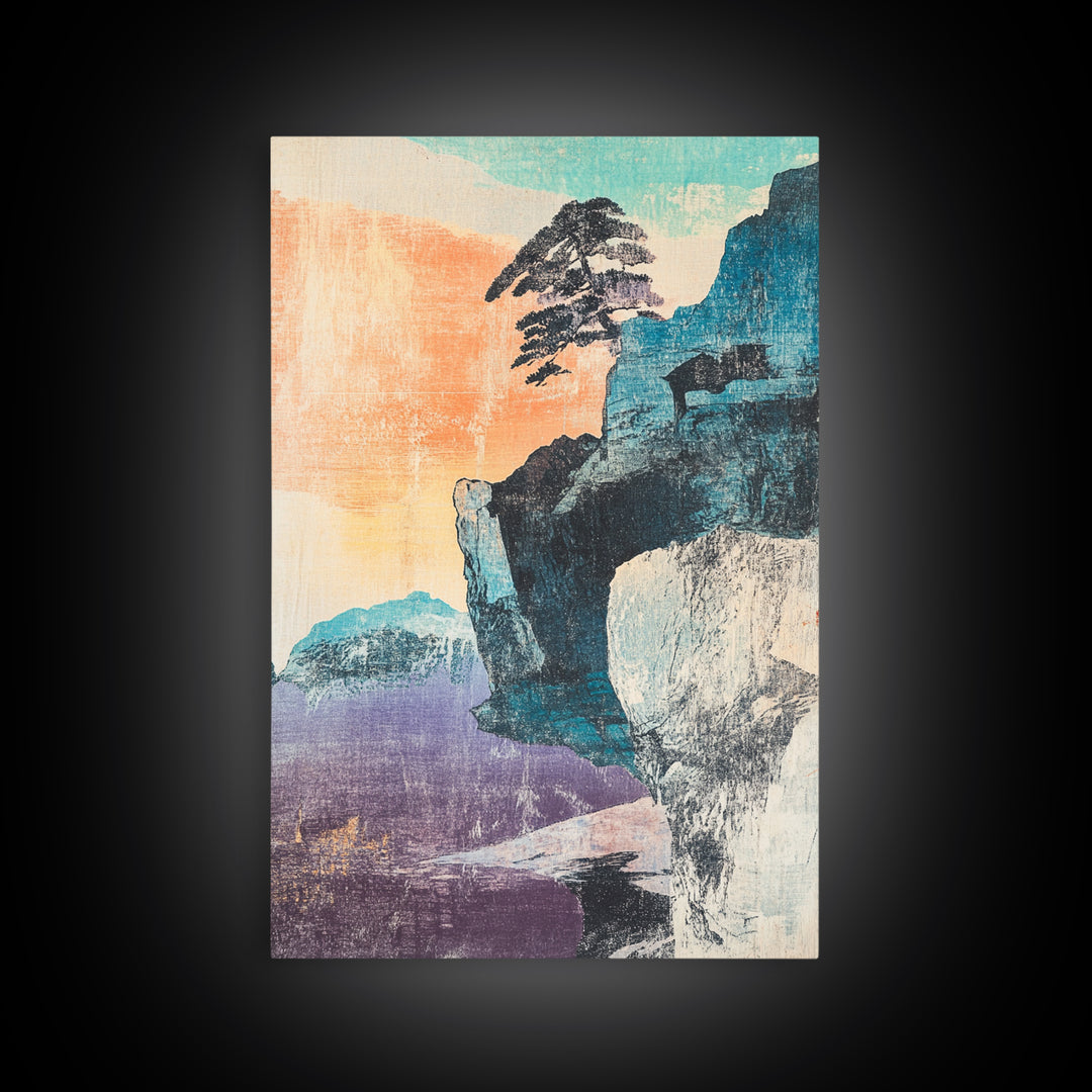 Pastel Sea Cliff With Windblown Pine Wall Art, Japanese Coastal Print, Japandi Decor, Minimalist Landscape, Living Room Decor
