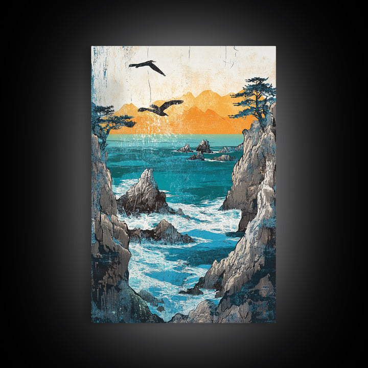 Ocean Cliffs With Flying Birds Canvas Print, Japanese Seascape Wall Art, Coastal Decor, Nautical Art, Living Room Decor, Gift For Him