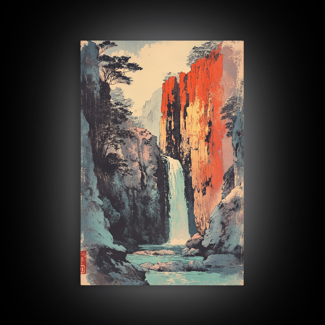 Canyon Waterfall And Red Rock Cliffs Wall Art, Japanese Landscape Print, Nature Decor, Large Serene Mountain Canvas Print