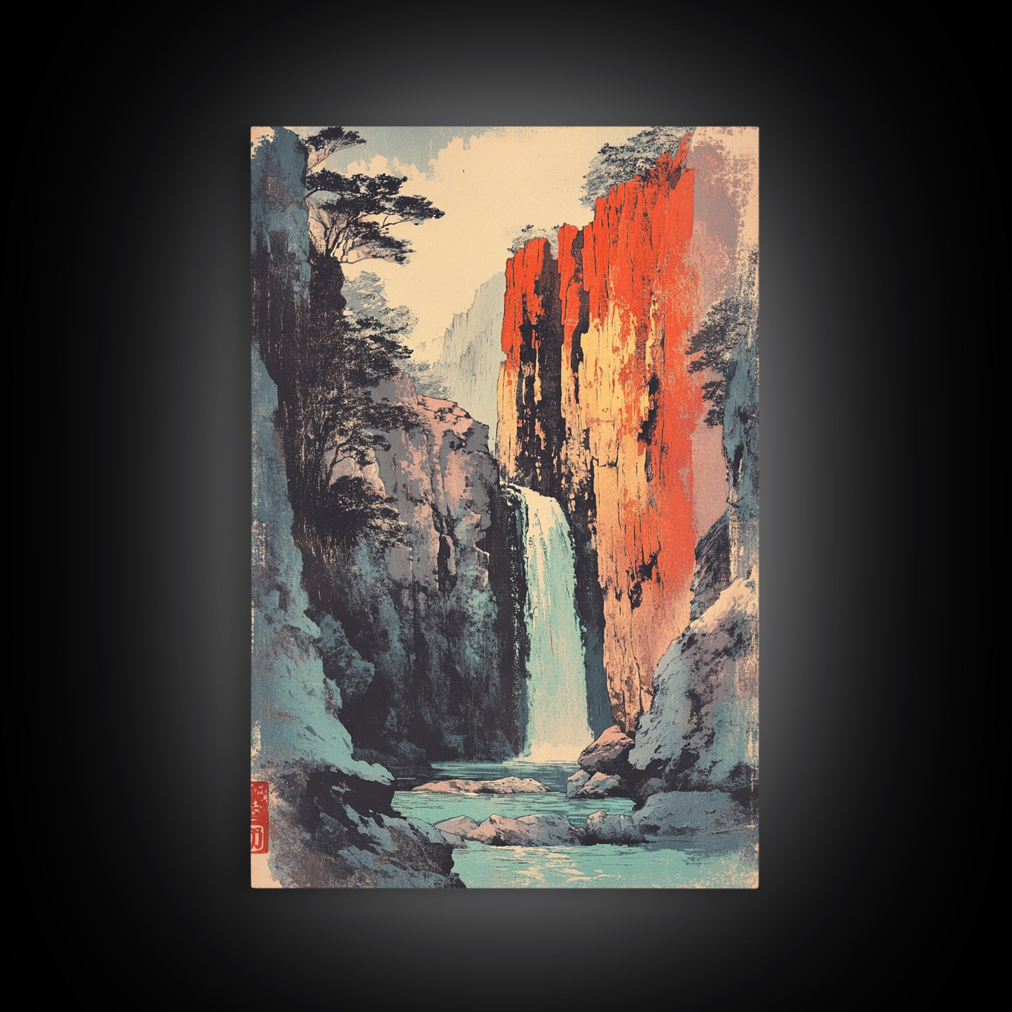 Canyon Waterfall And Red Rock Cliffs Wall Art, Japanese Landscape Print, Nature Decor, Large Serene Mountain Canvas Print