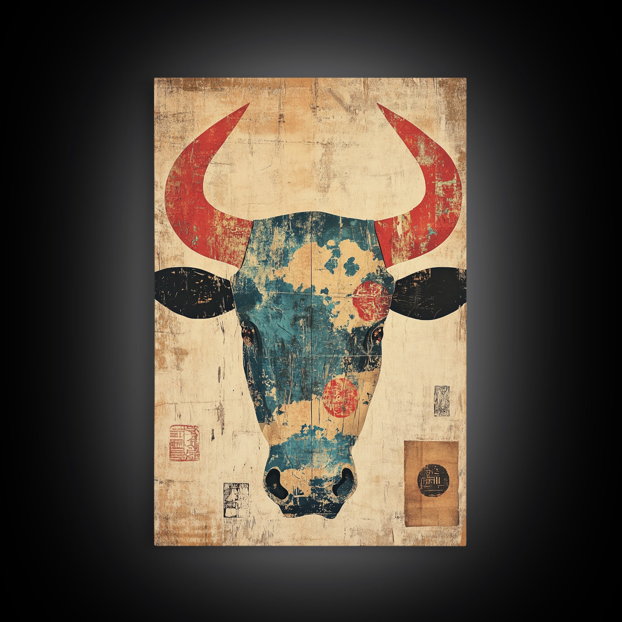 Distressed Turquoise Bull Head With Red Horns Wall Art, Western Tribal Canvas Print, Rustic Ranch Decor, Bold Animal Art