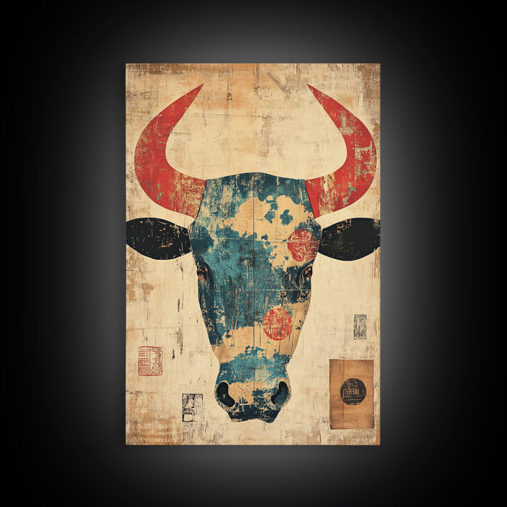 Distressed Turquoise Bull Head With Red Horns Wall Art, Western Tribal Canvas Print, Rustic Ranch Decor, Bold Animal Art