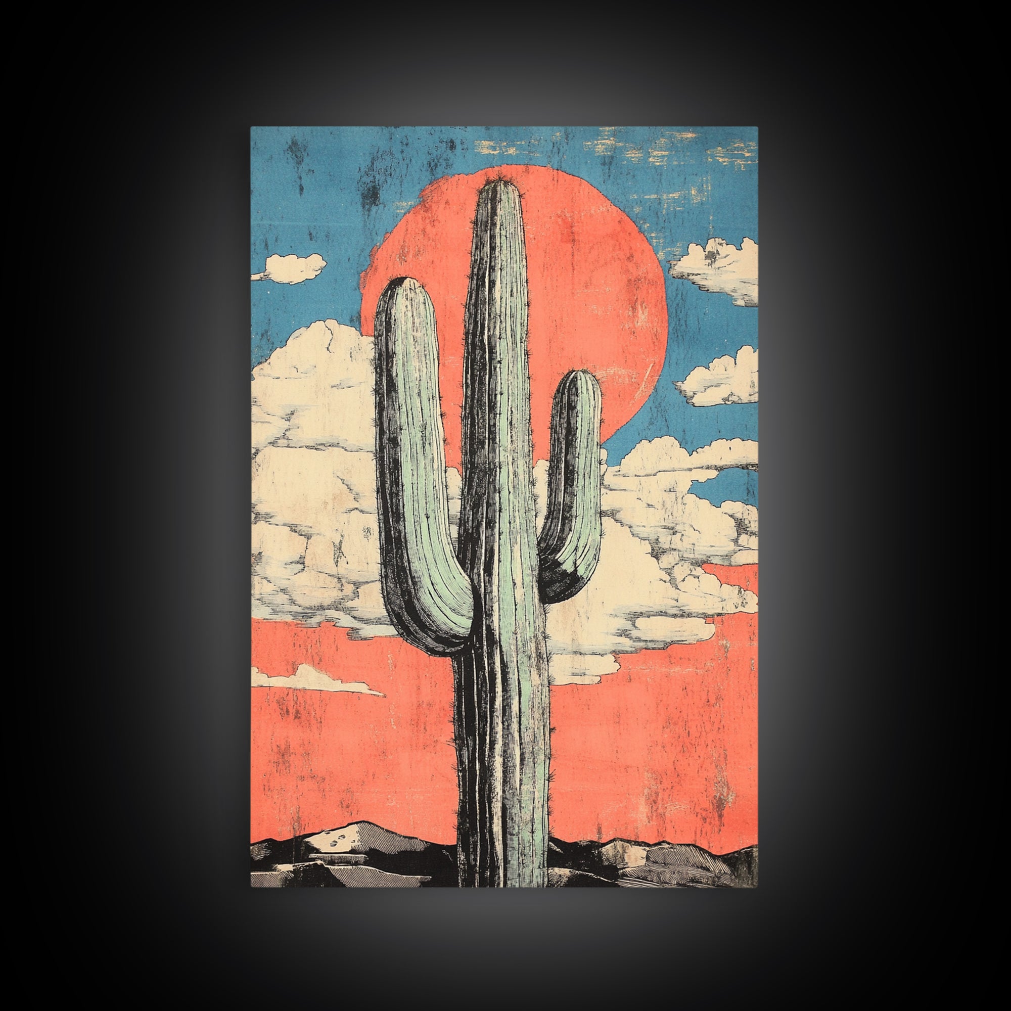 Tall Saguaro Cactus With Coral Desert Sun Wall Art, Southwestern Canvas Print, Boho Western Decor, Arizona Landscape Art